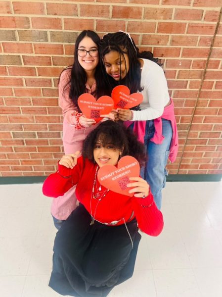 Freshmen Isabela Mendoza (upper left), Gaelle Sikali (upper right), and Mery Zrari (bottom) pose outside the upper cafeteria after their first coffee house. 